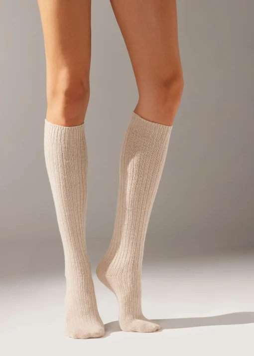 Calze Lunghe a Costine con Lana e Cashmere da Donna