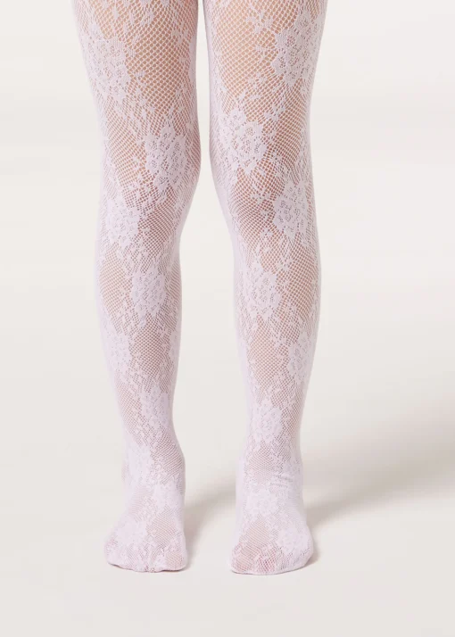 Collant a Rete di Pizzo a Fiori da Bambina