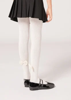 Collant in Cotone a Costine con Fiocco da Bambina